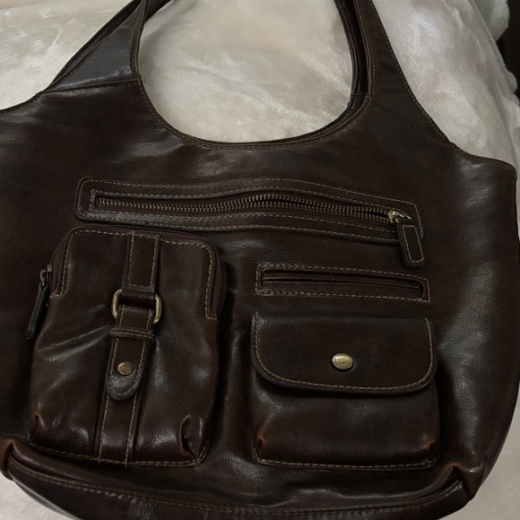 Dark Brown Leather Hobo Bag with Front Pockets - Picture 2 of 6